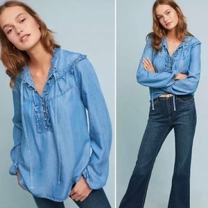 Anthropologie Maeve Chambray  Ruffle Long Sleeve Top